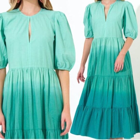 NEW Oliphant Dress Ombré Blue Green Puff Sleeve Maxi Dress Size S‎ - Picture 1 of 9